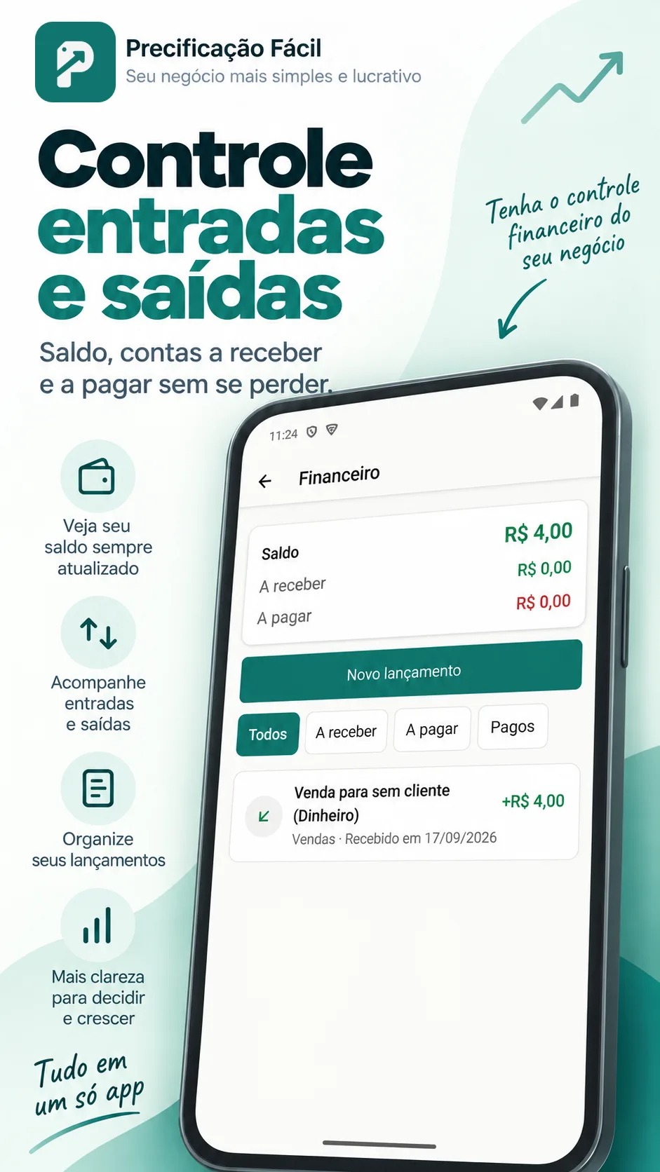 Tela financeira com valores a receber e a pagar