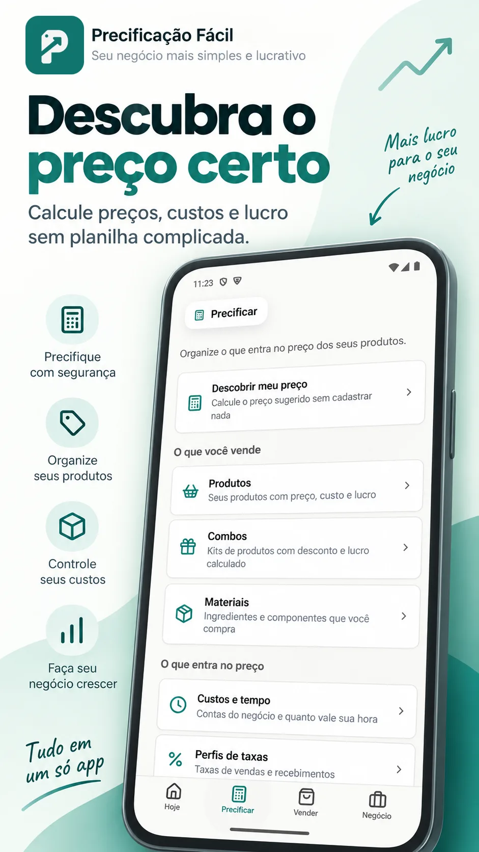 Tela de precificação mostrando custo, lucro e preço sugerido